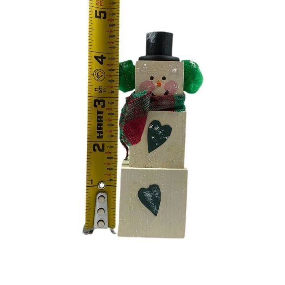Vintage Christmas Decor Hand-made Wooden Block Snowmen Hand Painted Hearts Scarf - Picture 6 of 6